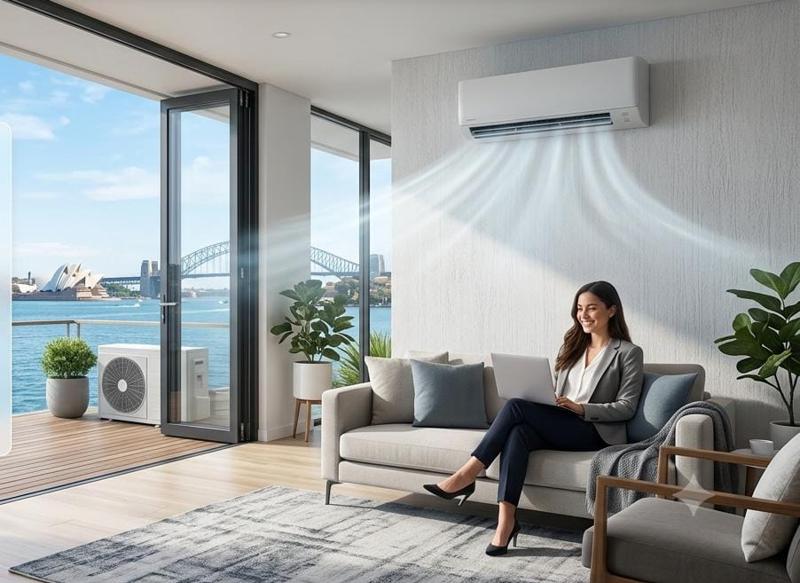 Split system air conditioner cooling a bright living room with a Sydney Harbour view